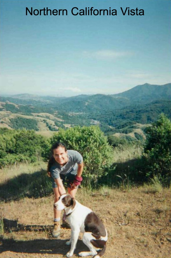 Mimi hiking northern California hills with her dog